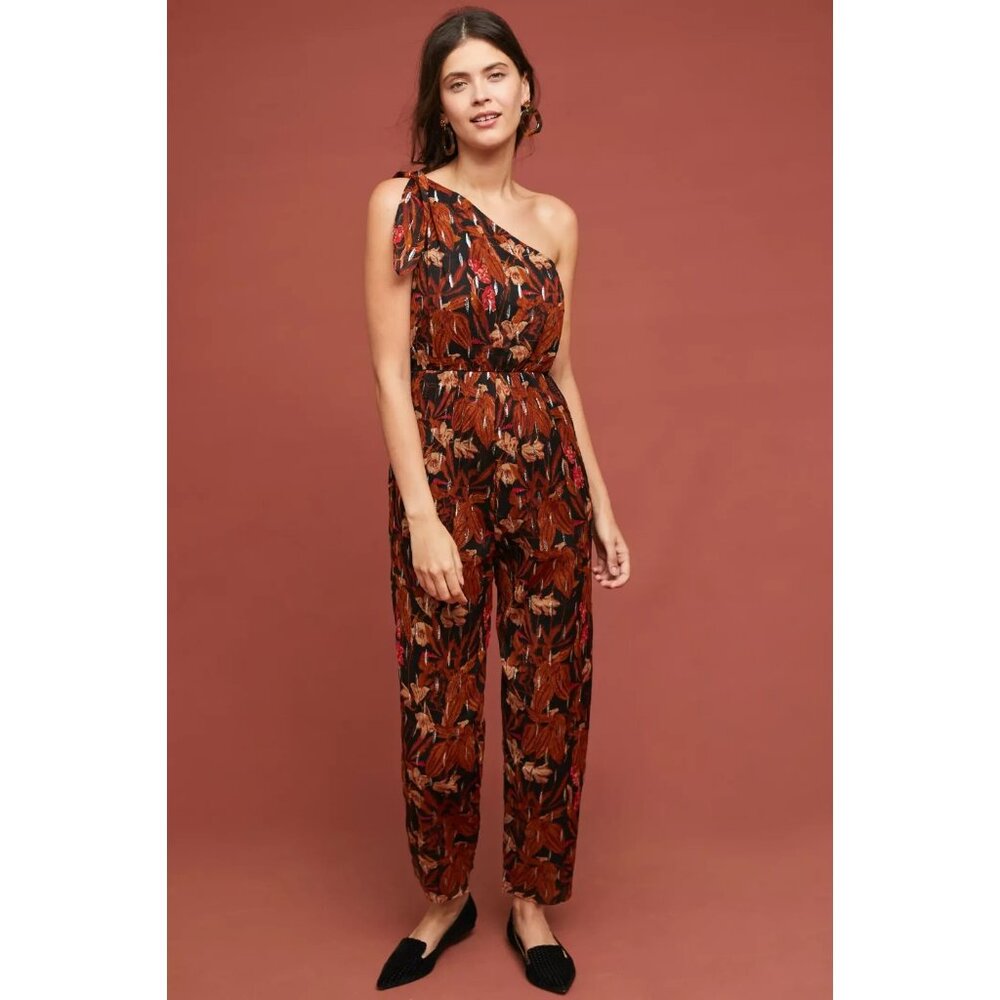 NWoT Anthropologie Maeve Kyoto Metallic Autumn Floral One Shoulder Jumpsuit 0